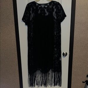 SHEIN Black Lace Midi Dress with Fringe